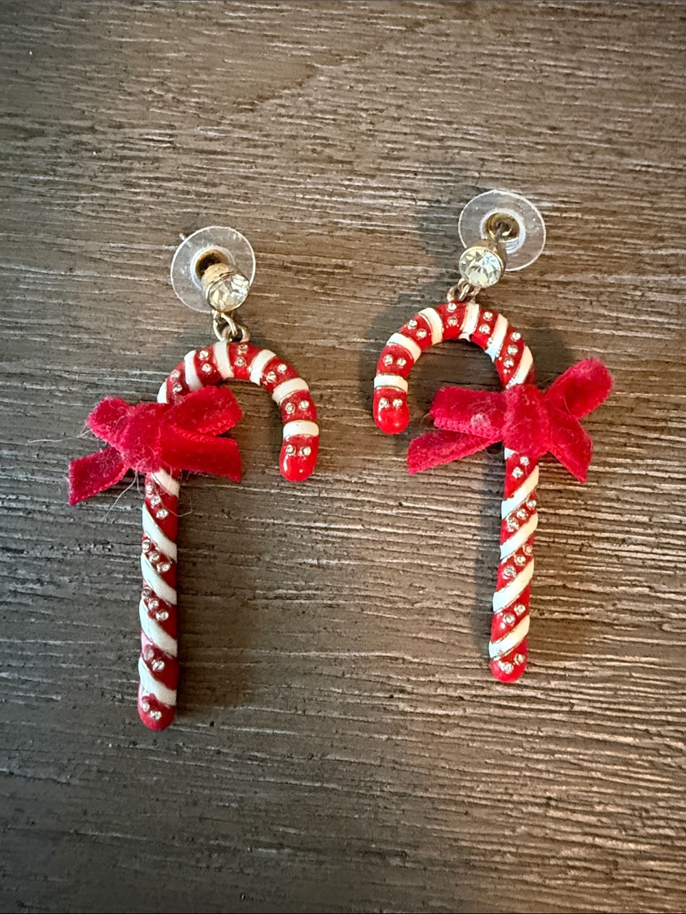 Festive Red & White Candy Cane Kids Earrings with Velvet Bow